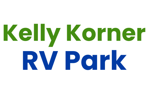 Text that reads "Kelly Korner RV Park" with "Kelly Korner" in green and "RV Park" in blue on a white background.