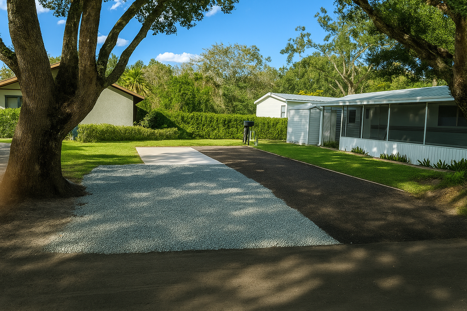 A sunny yard with two large trees, a white gravel area, a dark paved driveway, green lawns, hedges, a house on the left, and a white mobile home with a screened porch on the right.