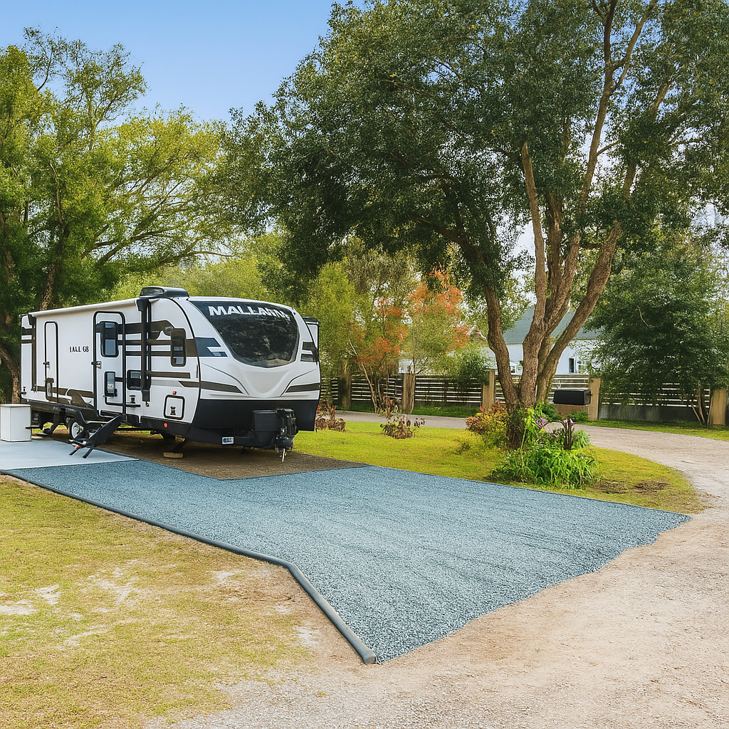 A white travel trailer parked on a gravel pad near trees and a grassy area, with a curved dirt driveway and a house visible in the background.
